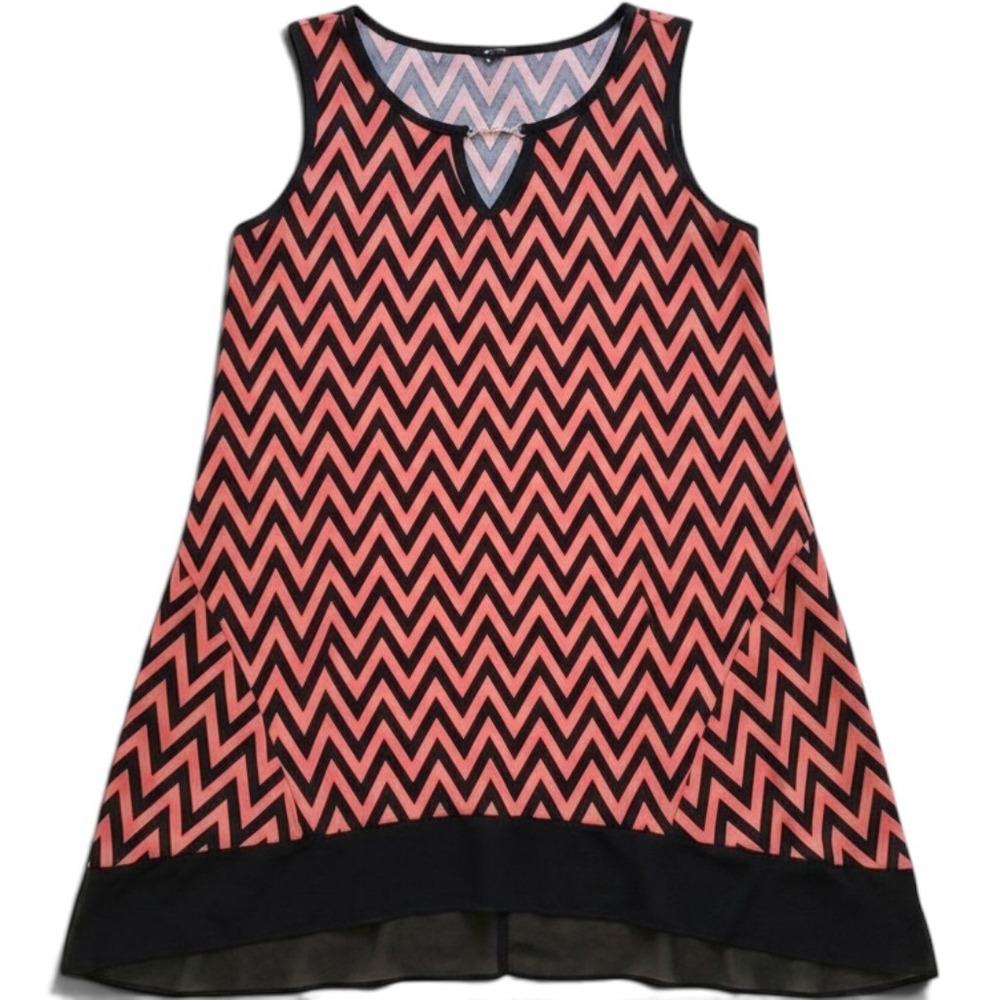Espresso Women 2X Tunic Top Coral Black Chevron Sleeveless Chiffon Hem Hardware